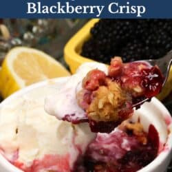 a blackberry crisp with vanilla ice cream and a spoon on the side scooping it up.