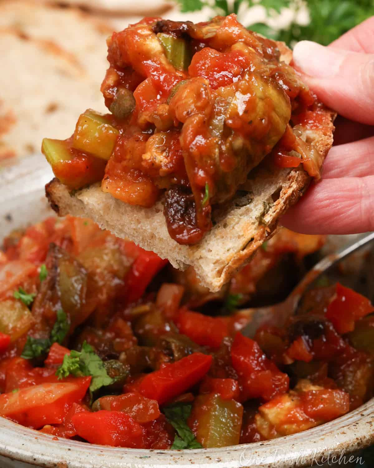 caponata on a slice of french bread.