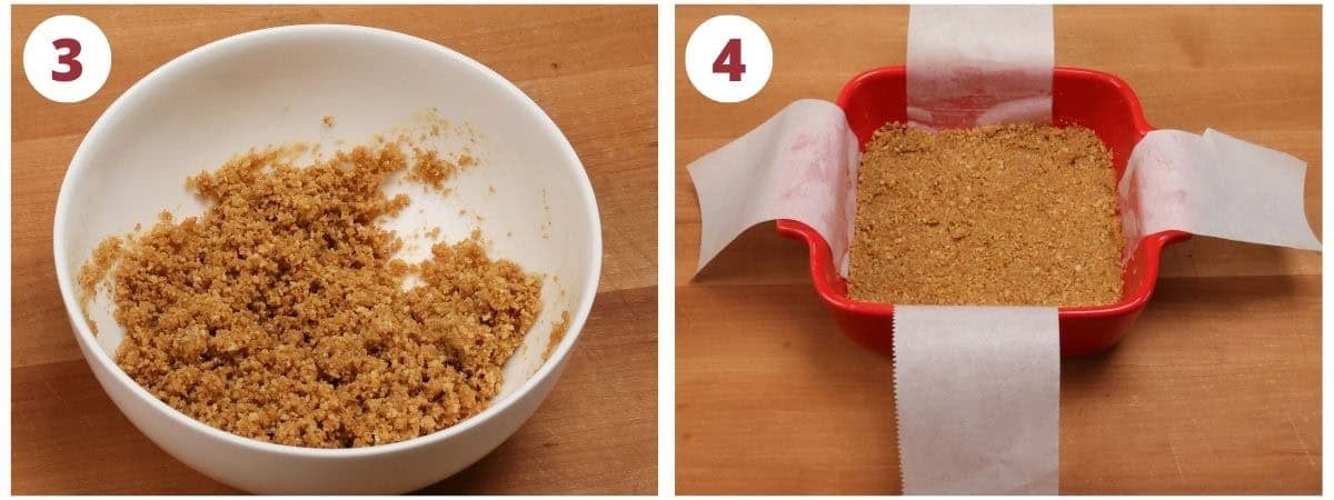 two photos showing how to make a graham cracker crust for cheesecake bars.