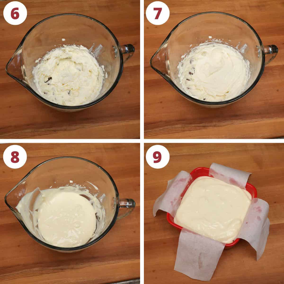 four photos showing how to make the cheesecake batter.