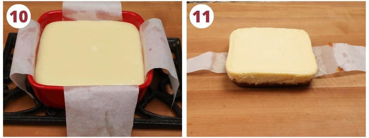 a small baked cheesecake in a red baking dish.