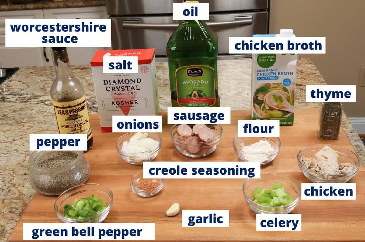 chicken gumbo ingredients on a kitchen counter.