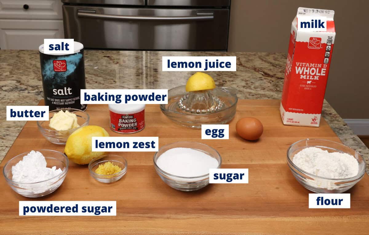 lemon cake ingredients on a kitchen counter.