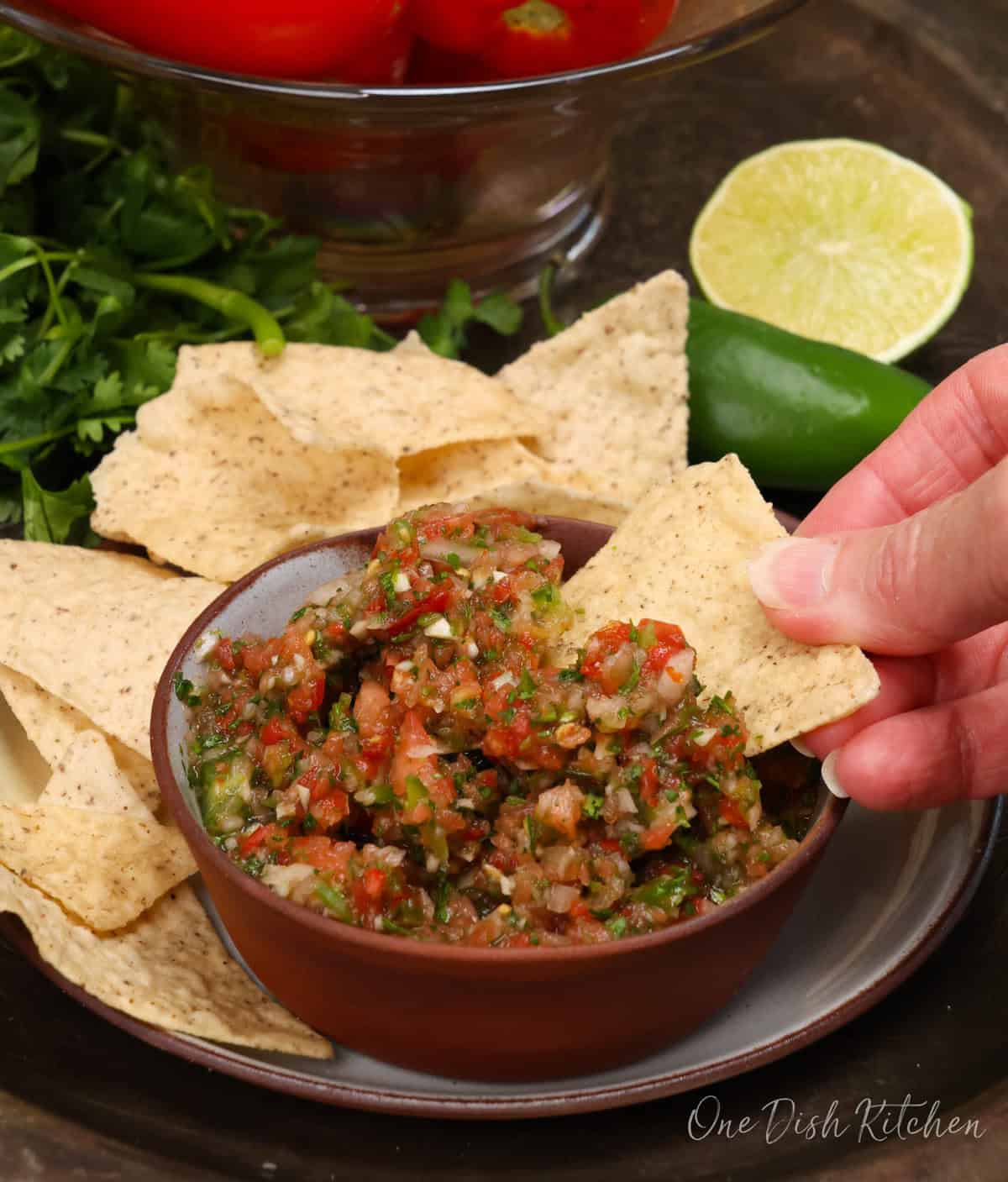 a bowl of salsa next to tortilla chips.