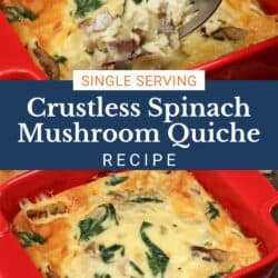 a spinach mushroom quiche in a red square baking dish.