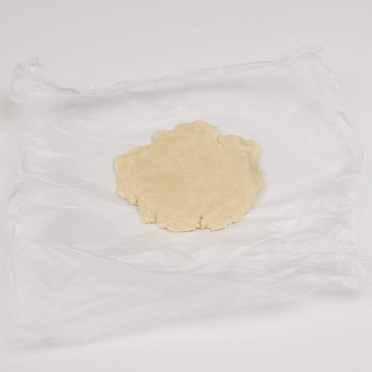 pie dough on plastic wrap.