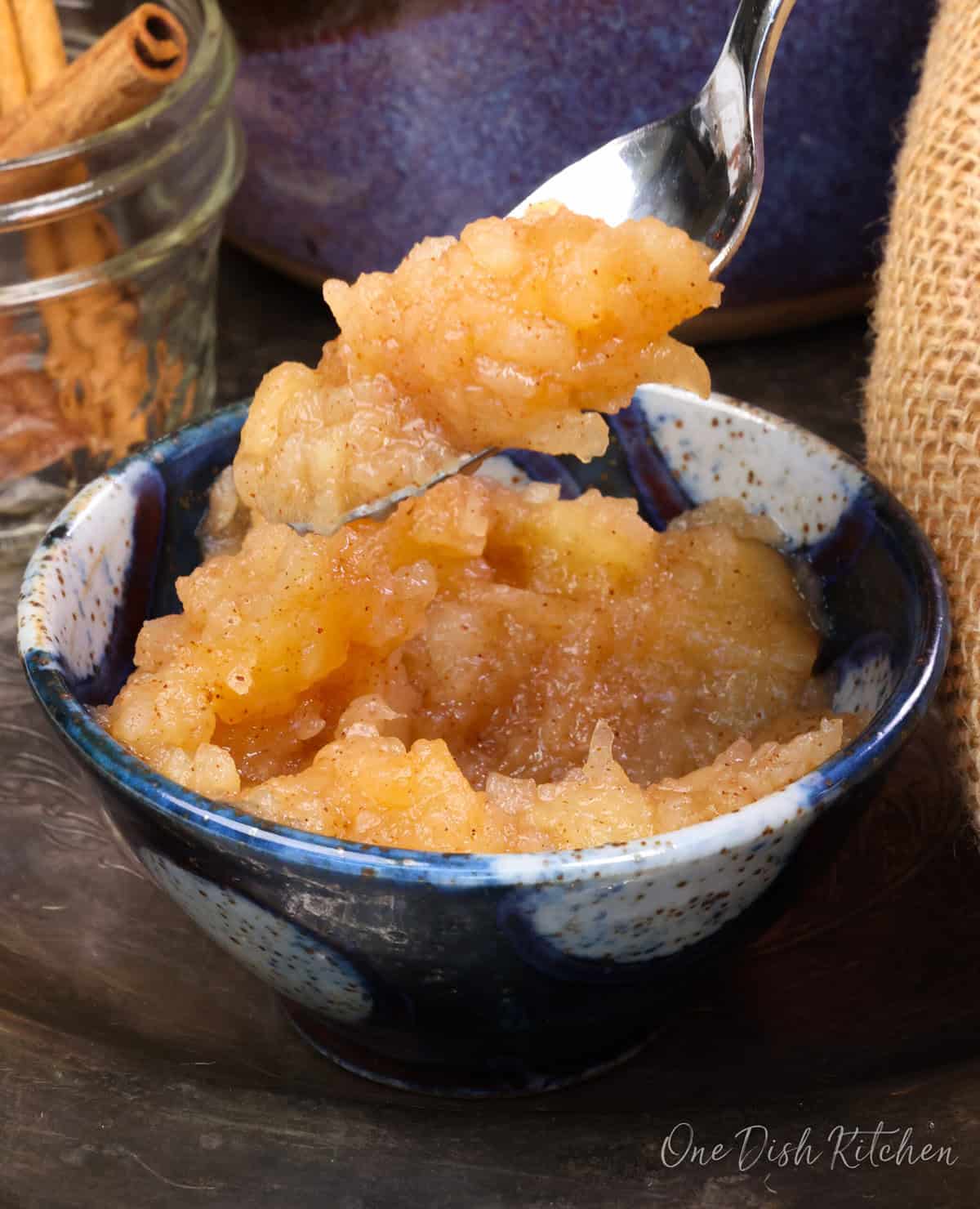 a spoonful of homemade applesauce above the bowl.