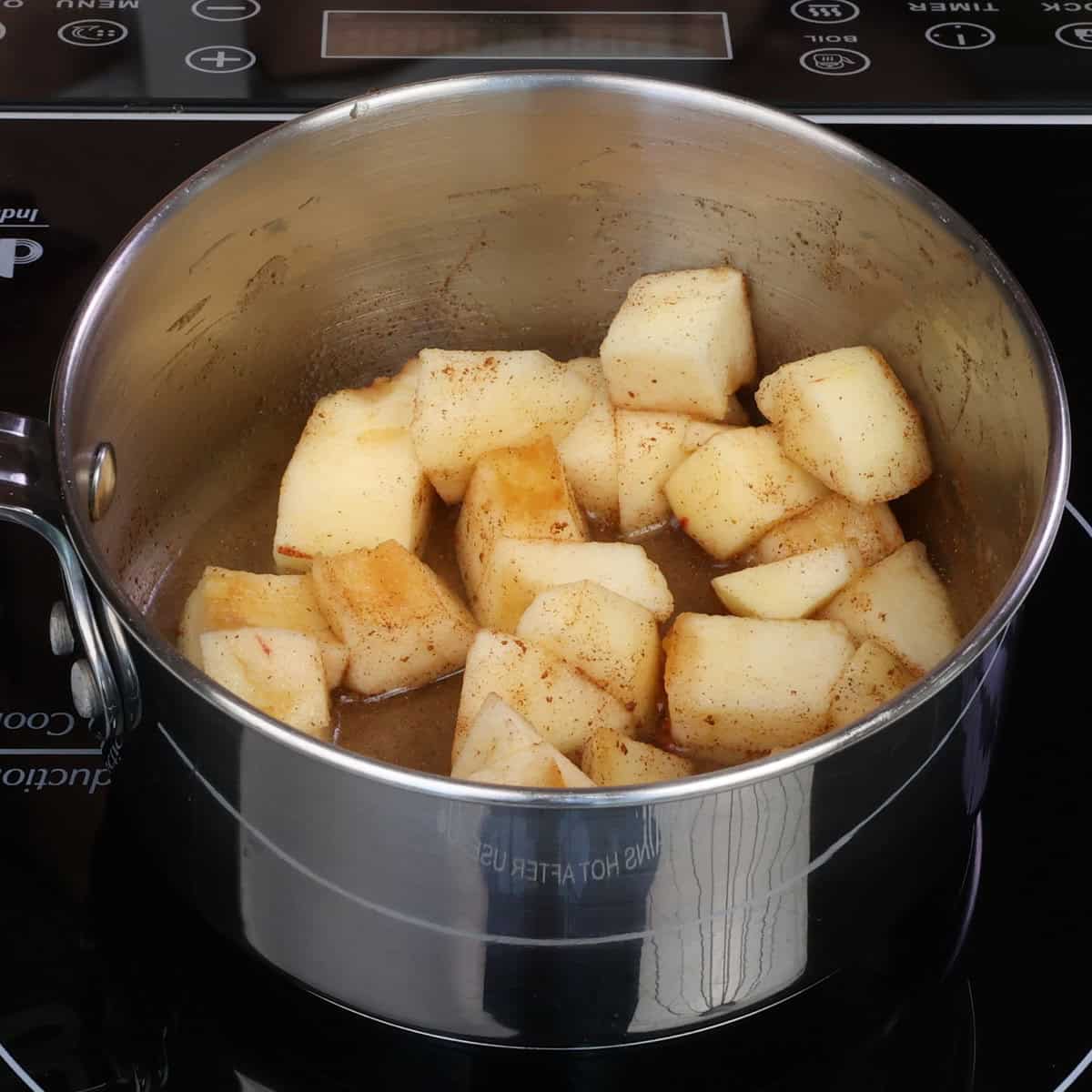 chopped apples, sugar water, and cinnamon in a small pot.