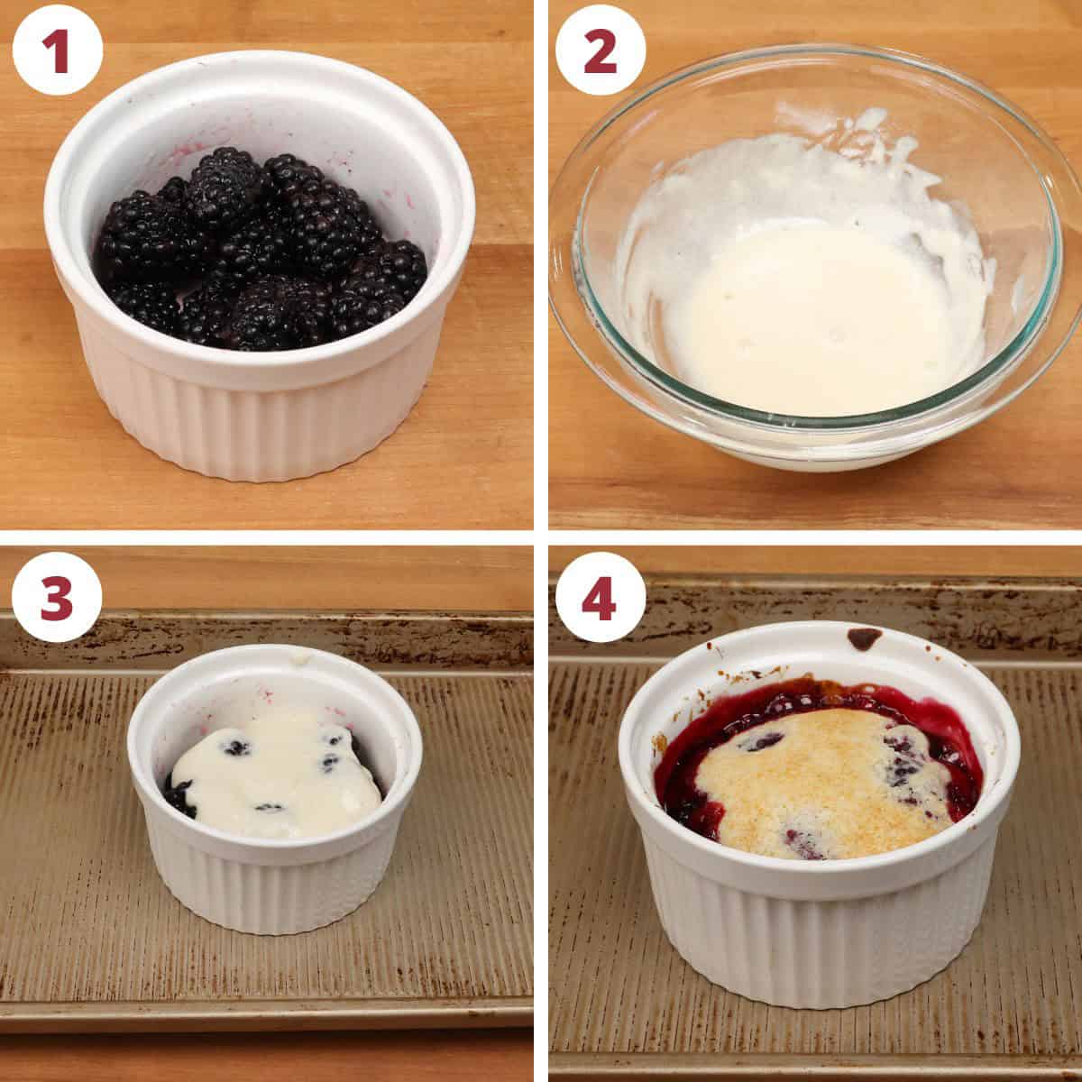 four photos showing how to make a single blackberry cobbler.