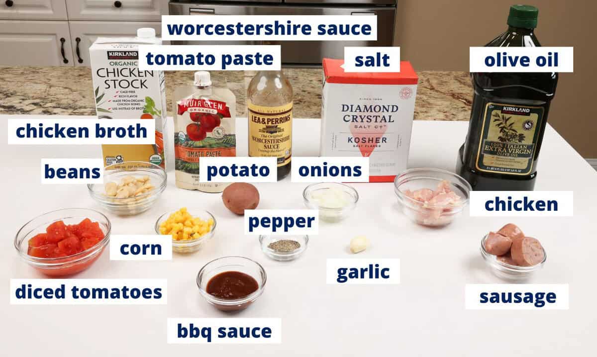 brunswick stew ingredients on a kitchen counter.