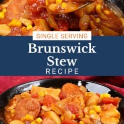 a spoonful of chicken and sausage from brunswick stew over the bowl of stew.