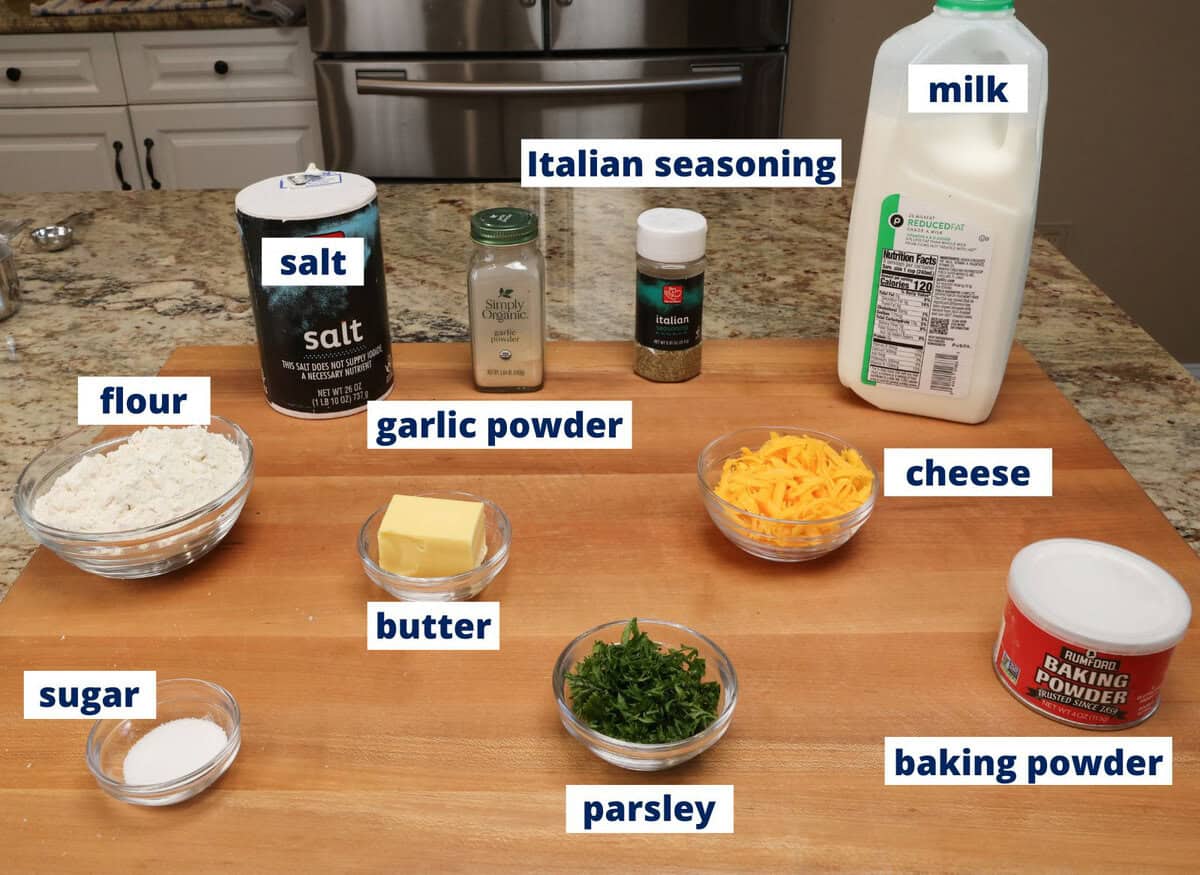 cheddar biscuits ingredients on a kitchen counter.