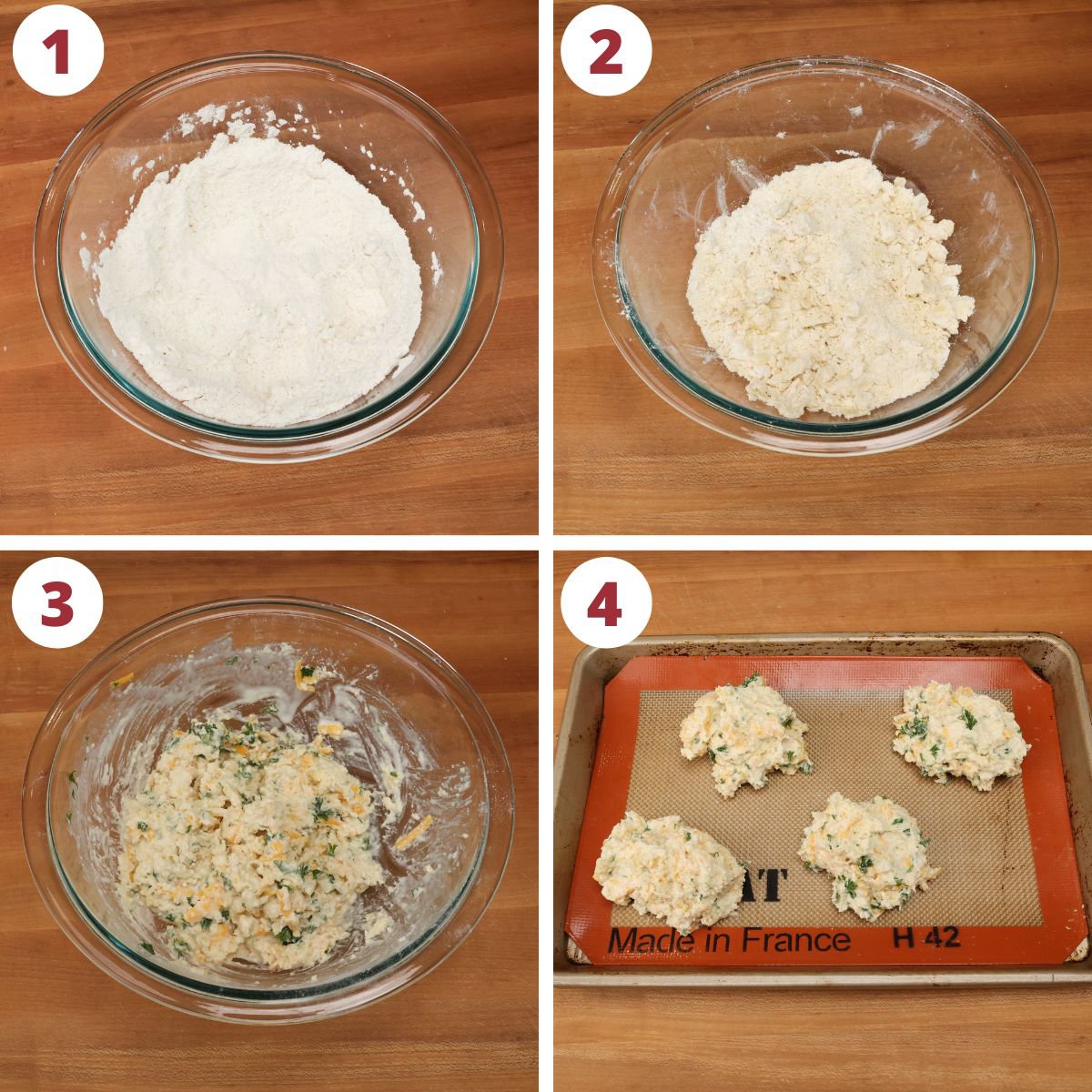 four photos showing how to make cheddar biscuit dough in a mixing bowl.