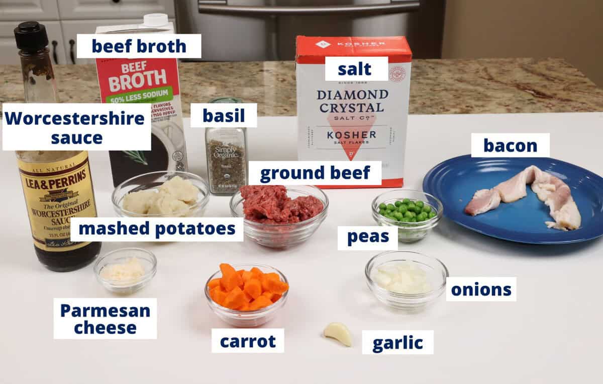 cottage pie ingredients on a kitchen counter.