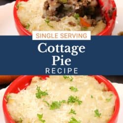 a cottage pie in a red ramekin with a spoon on the side.