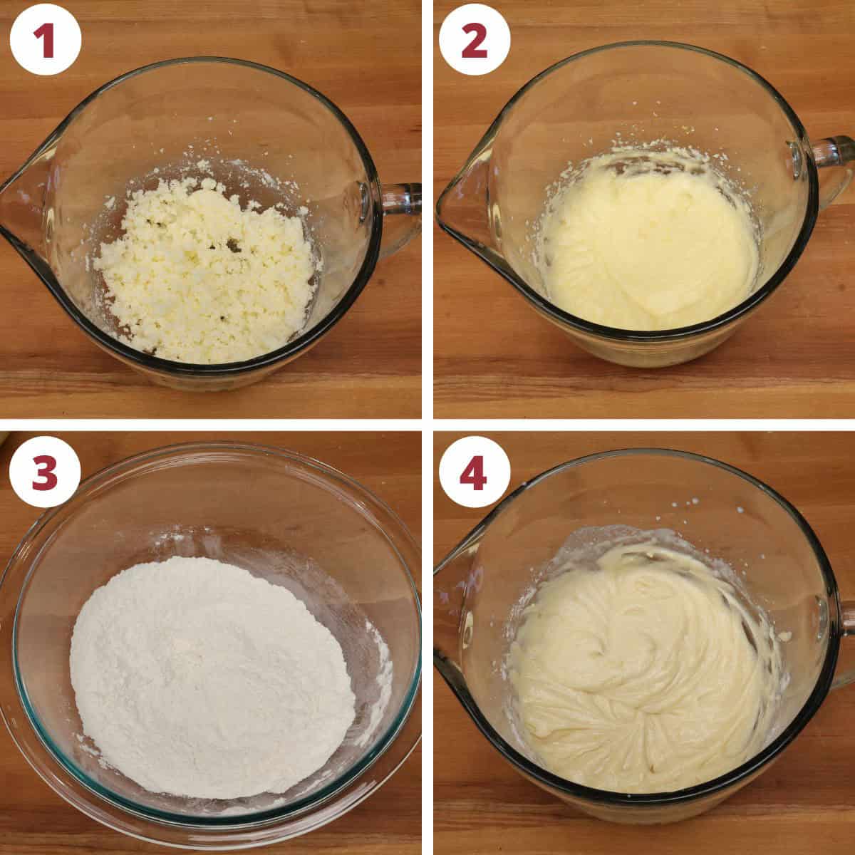 four steps showing how to cream sugar and butter together along with an egg and flour.