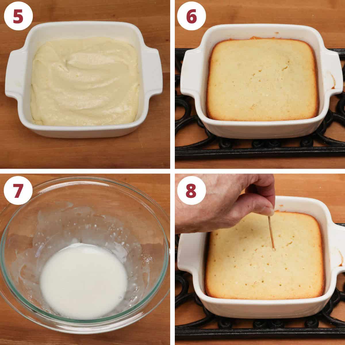 four photos showing steps to make a lemon cake.