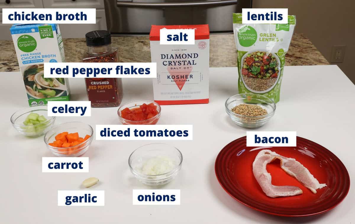 lentil soup ingredients on a kitchen counter.