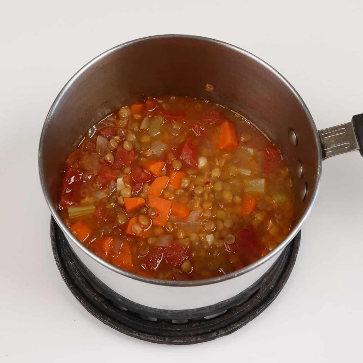 lentil soup simmering in a small pot.