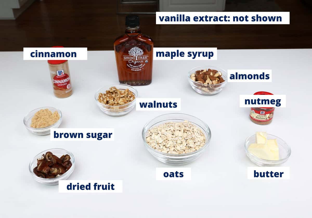 maple granola ingredients on a kitchen counter.