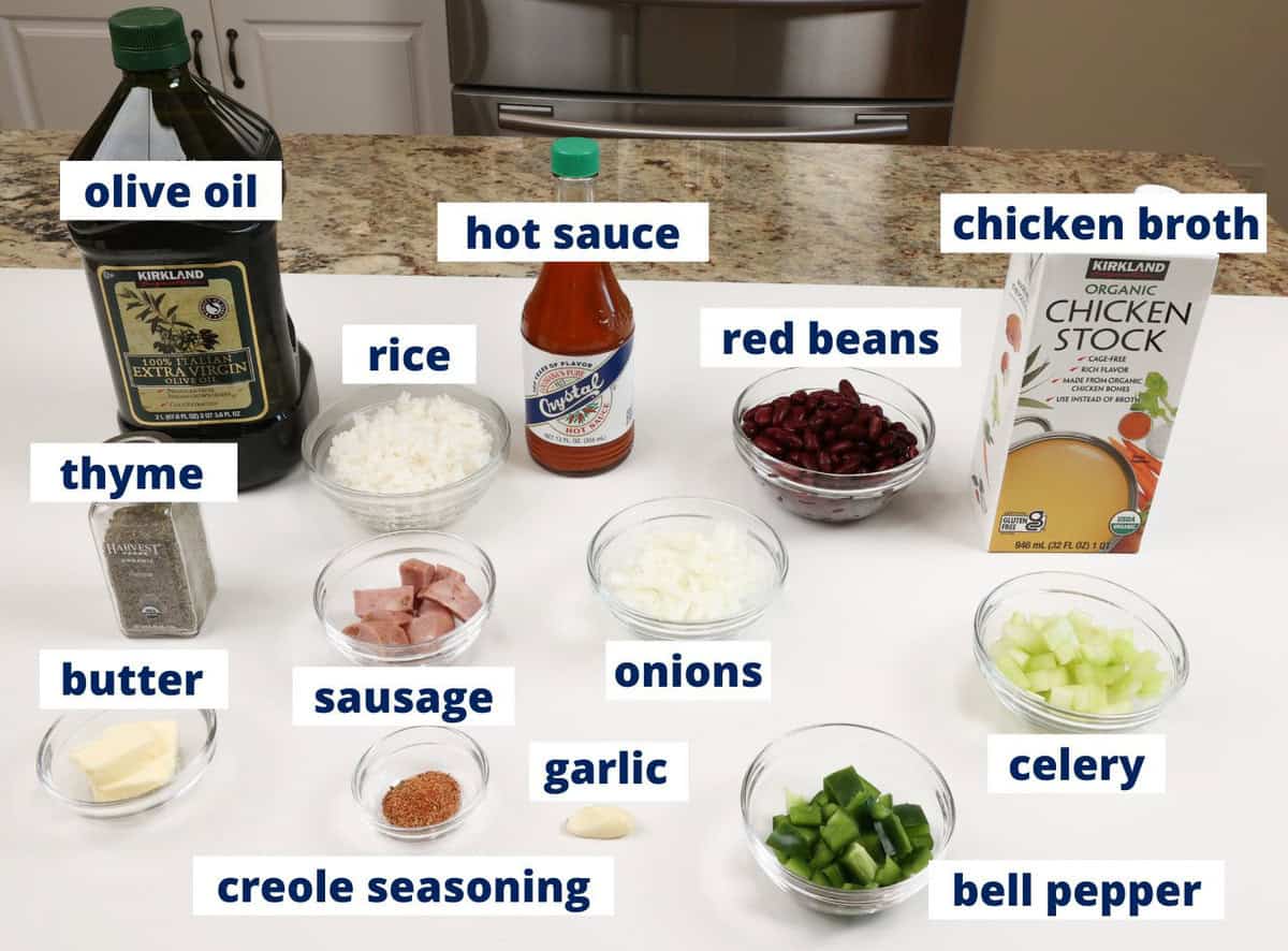 red beans and rice ingredients on a kitchen counter.