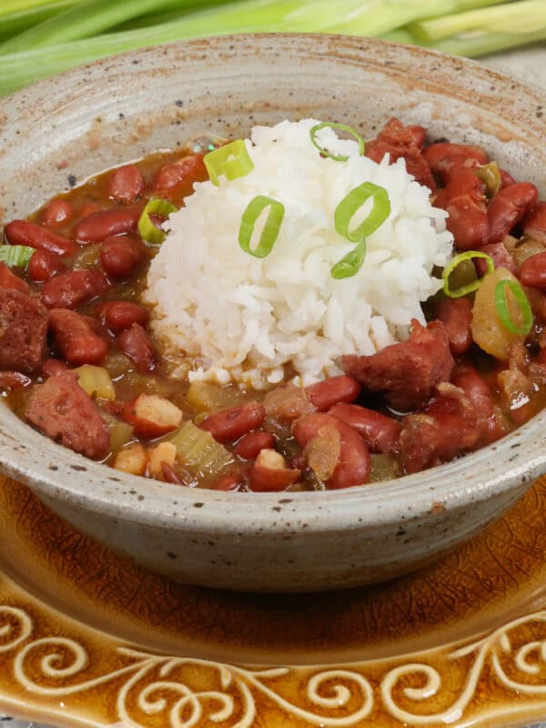 a bowl of red beans and rice.