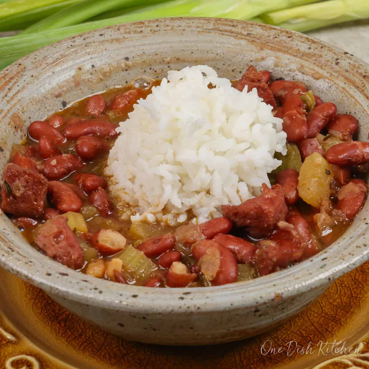 a small bowl of cajun red beans and rice.
