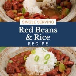 a bowl of red beans and rice with a spoon on the side.