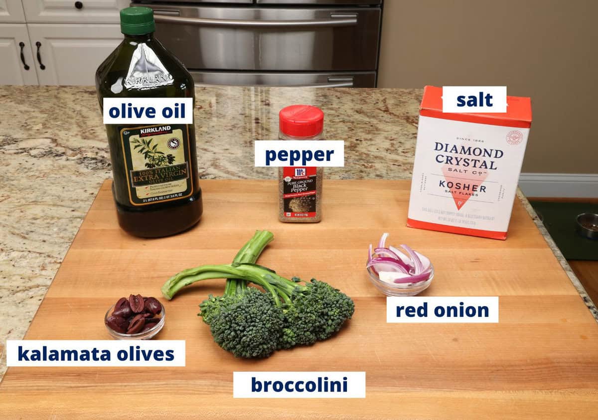 roasted broccolini ingredients on a kitchen counter.