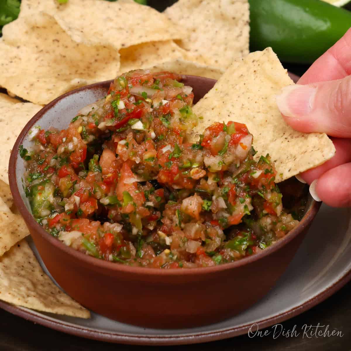 a single serving of homemade salsa with tortilla chips.