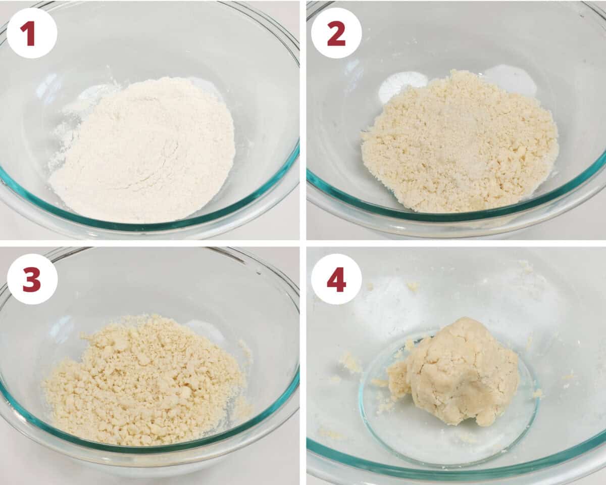 four photos showing how to make pie crust for a single apple dumpling.