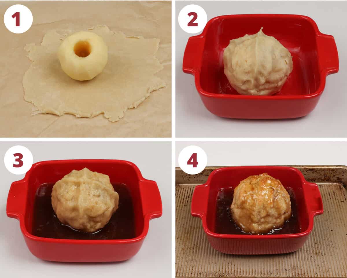 four photos showing how to make one apple dumpling with homemade pie crust and brown sugar syrup.