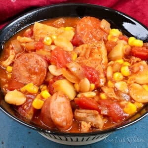 a bowl of brunswick stew next to a red napkin.