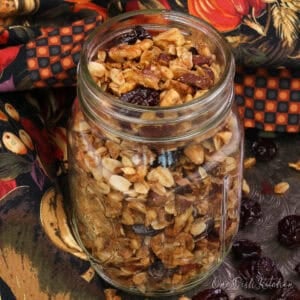 a small jar filled with homemade maple granola.
