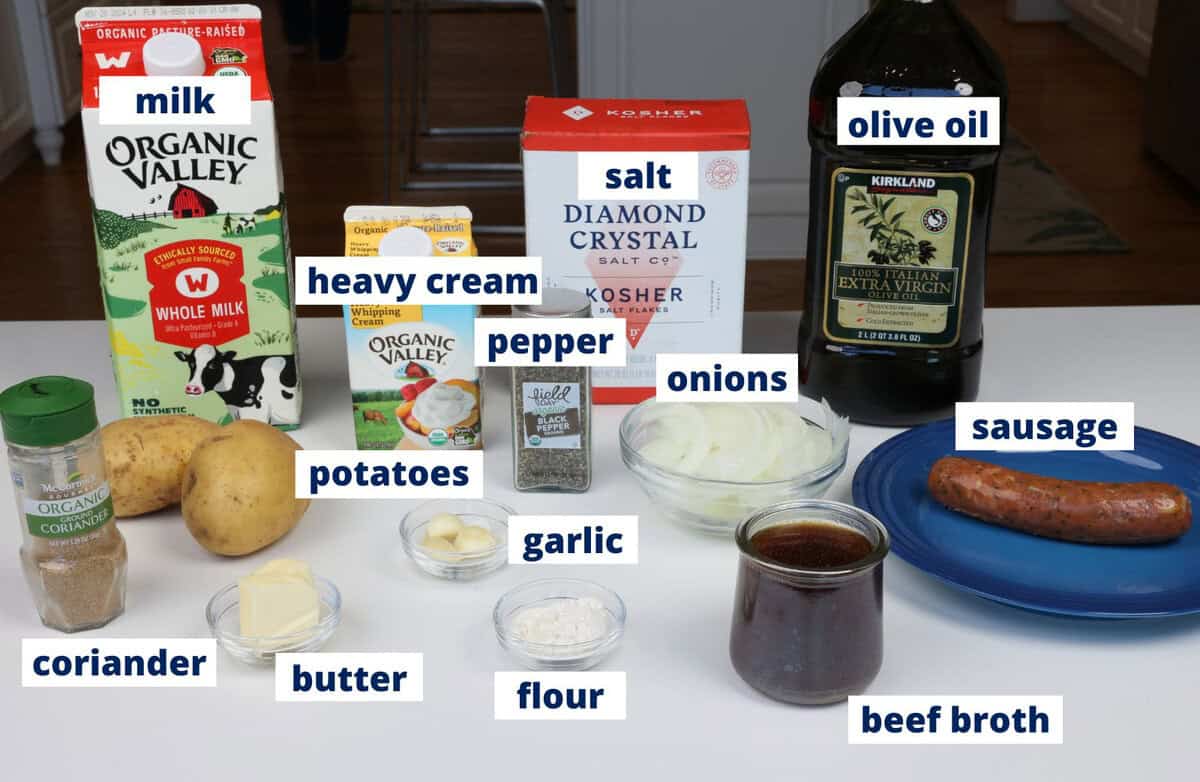 bangers and mash ingredients on a kitchen counter.