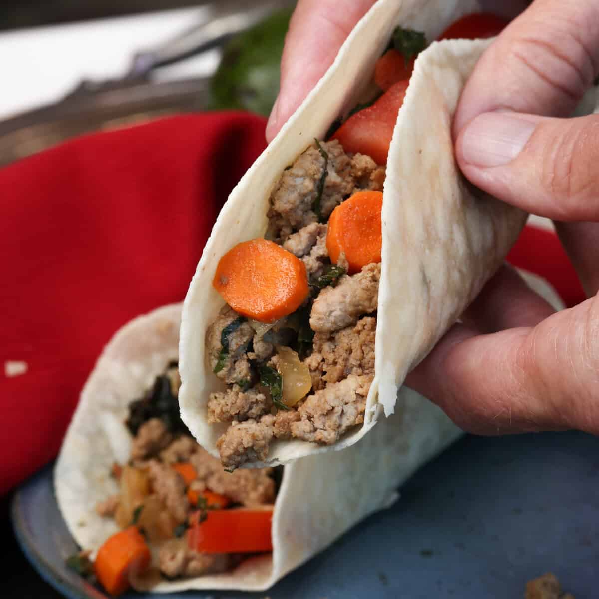 a hand holding a turkey taco above a plate.