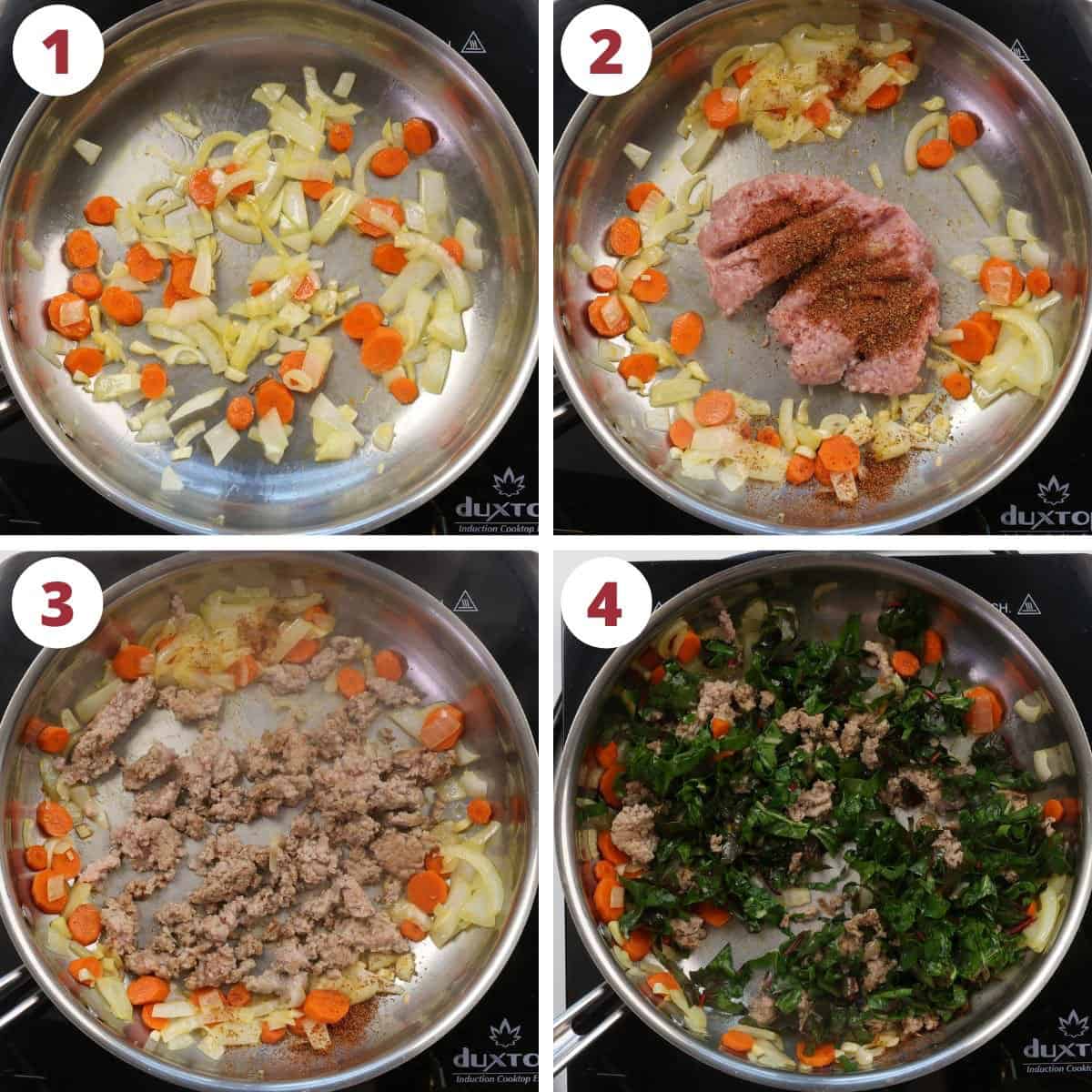 four photos showing how to make the filling for turkey tacos.