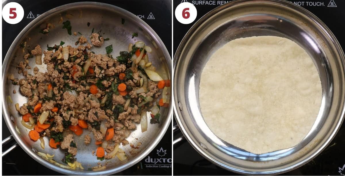 ground turkey taco filling in a skillet next to a warmed tortilla.