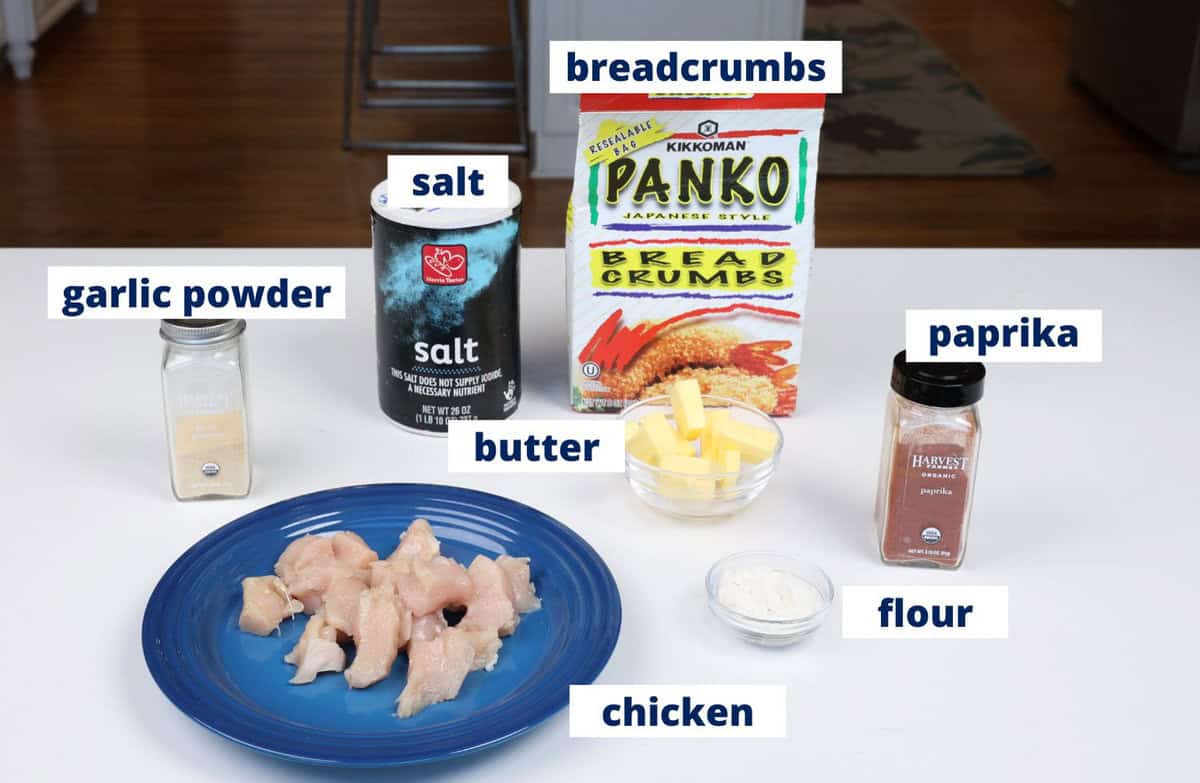 popcorn chicken ingredients on a kitchen counter.