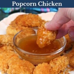 popcorn chicken with a dipping sauce.