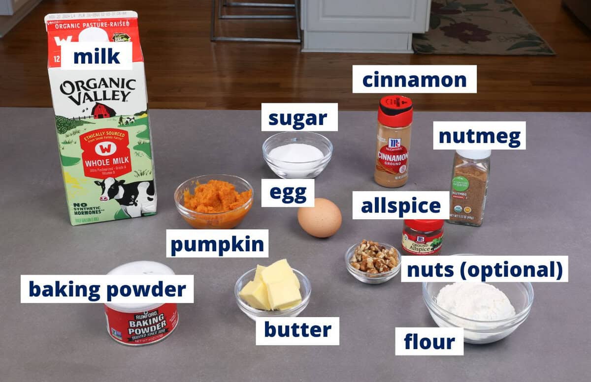 pumpkin dump cake ingredients on a kitchen counter.