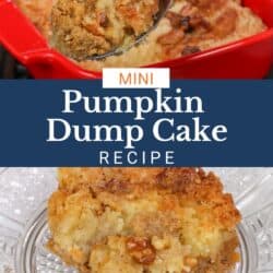 a small pumpkin dump cake in a square red baking dish with a spoon on the side.