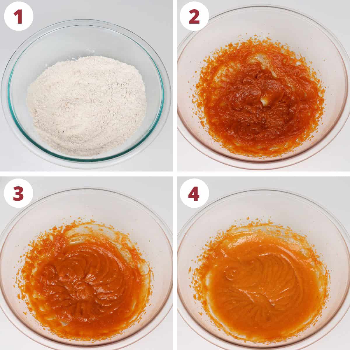 four photos showing how to make pumpkin muffin batter.