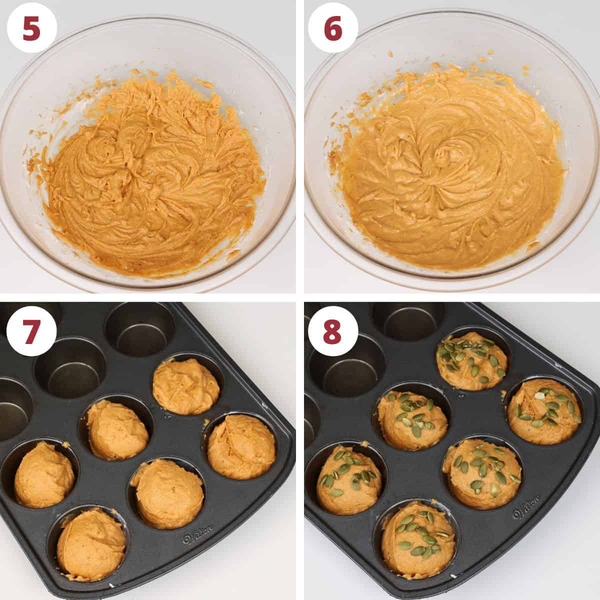 four photos showing how to make pumpkin muffins.