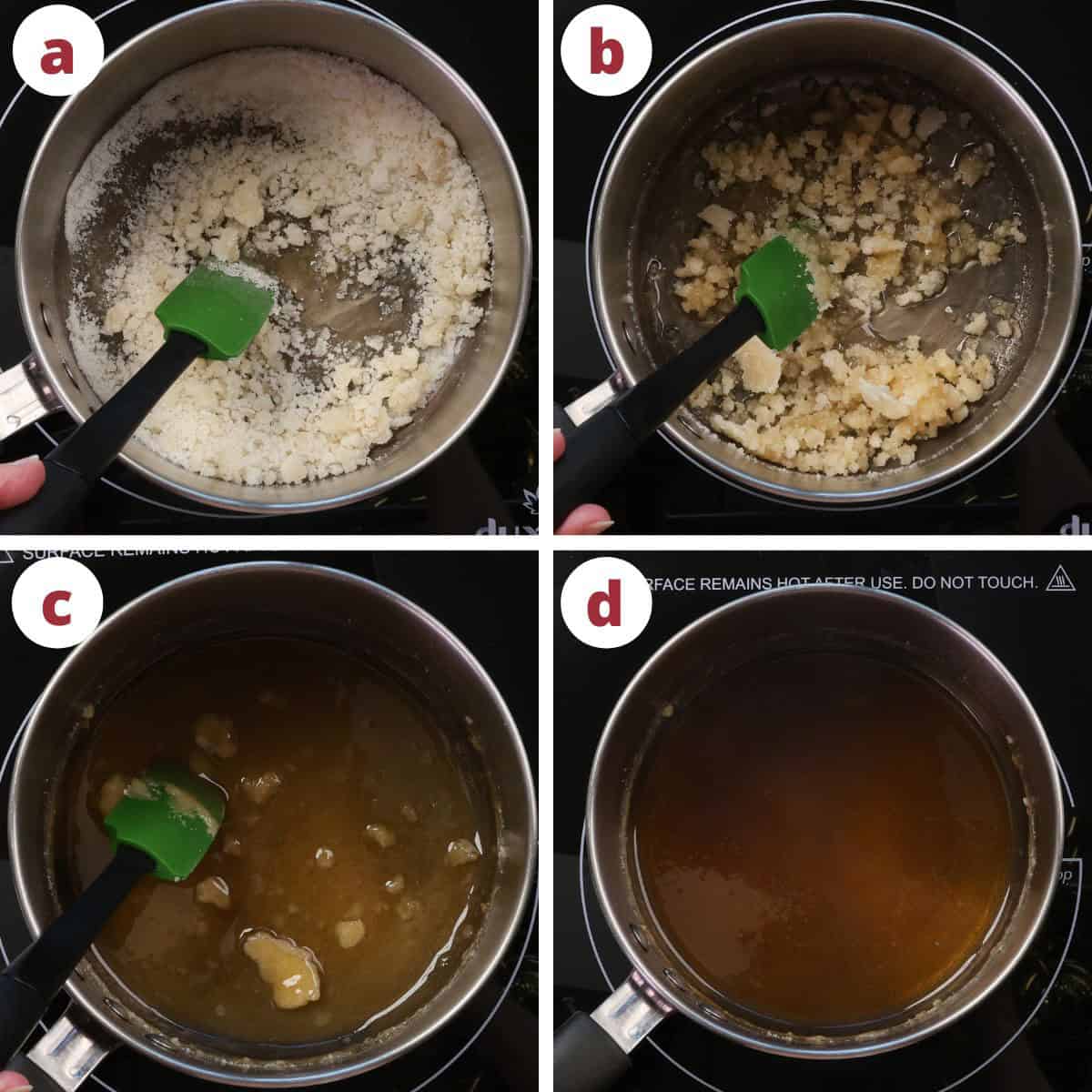 four photos showing how sugar melts into an amber colored caramel sauce.