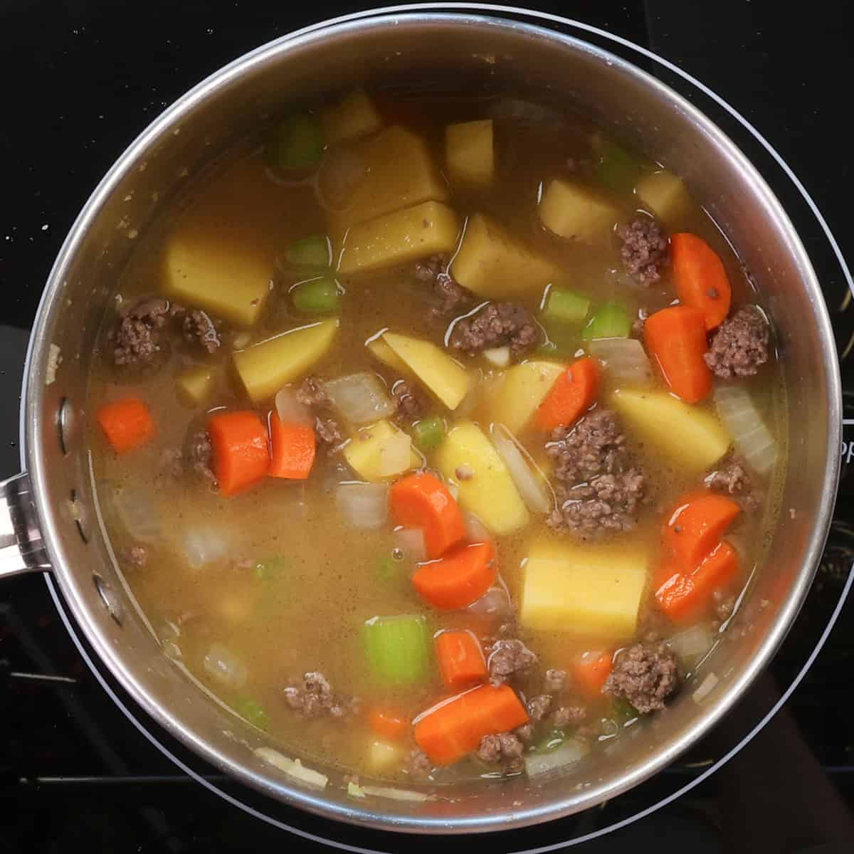 broth, vegetables and ground beef simmering in a pot. 