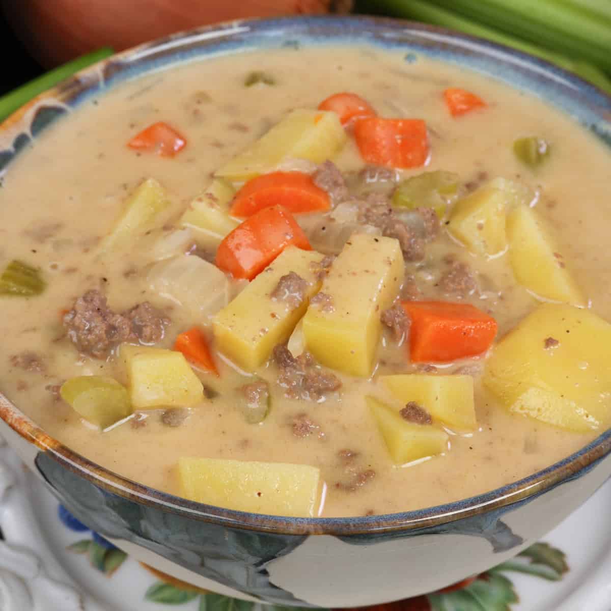 cheeseburger soup in a bowl.