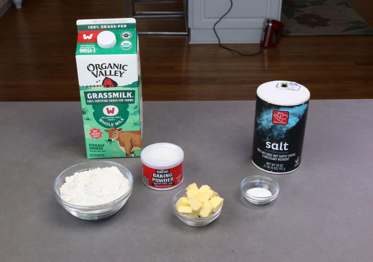 biscuits ingredients on a kitchen counter.