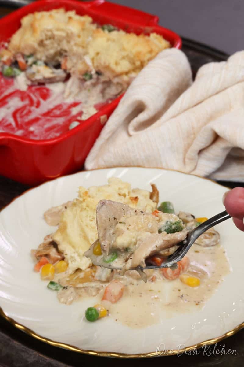 a chicken casserole topped with a biscuit on a plate with a fork on the side.