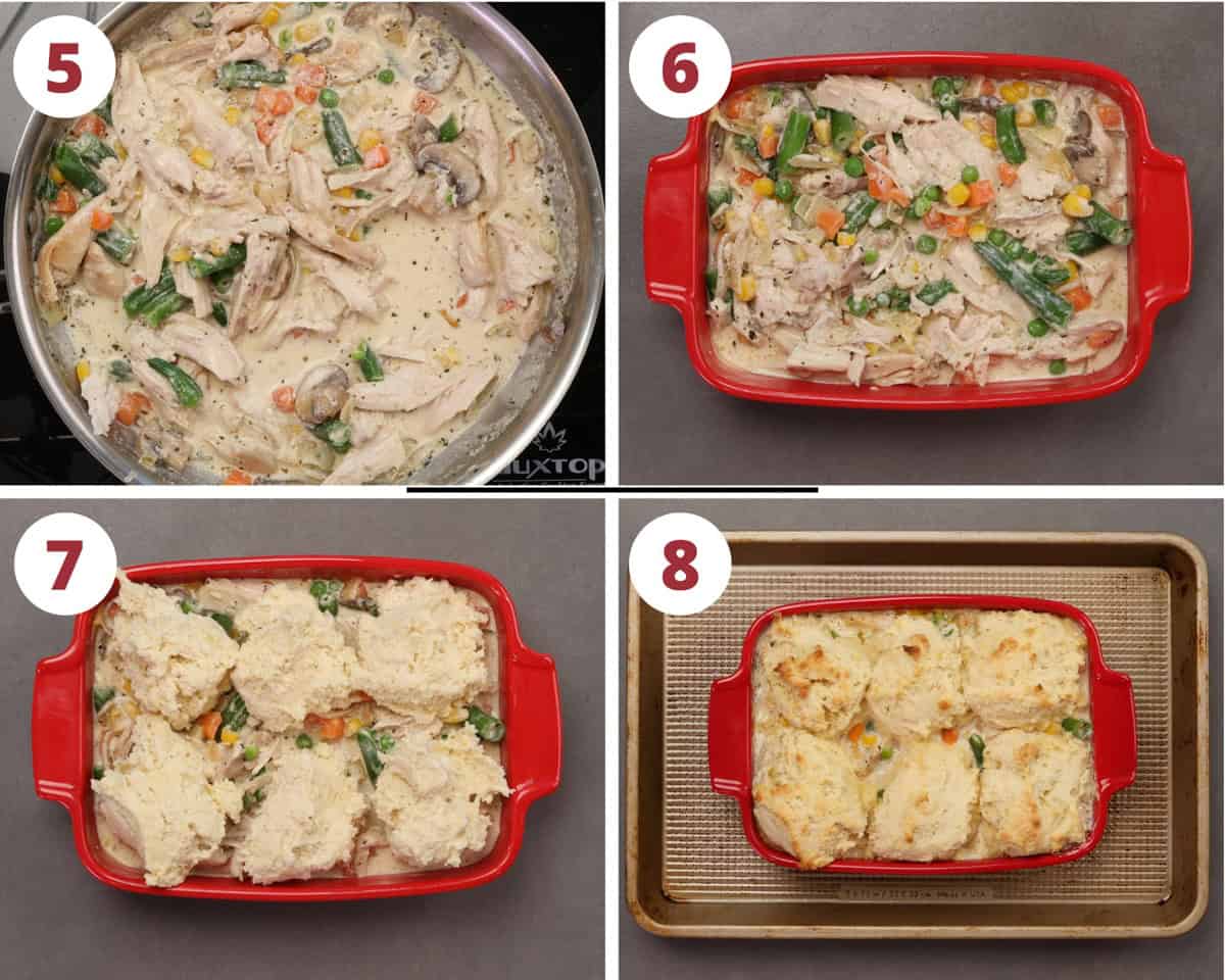 four photos showing how to make chicken and biscuits casserole in a small baking dish.